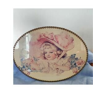 1992 Victorian Girl with Bonnet Print Chimney Flue Cover Glass Wire Chain Frame